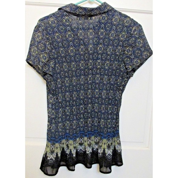 Apt 9 Women's Blue Geometric Print Pleated Semi Sheer Short Sleeve Blouse Size L - Picture 6 of 7